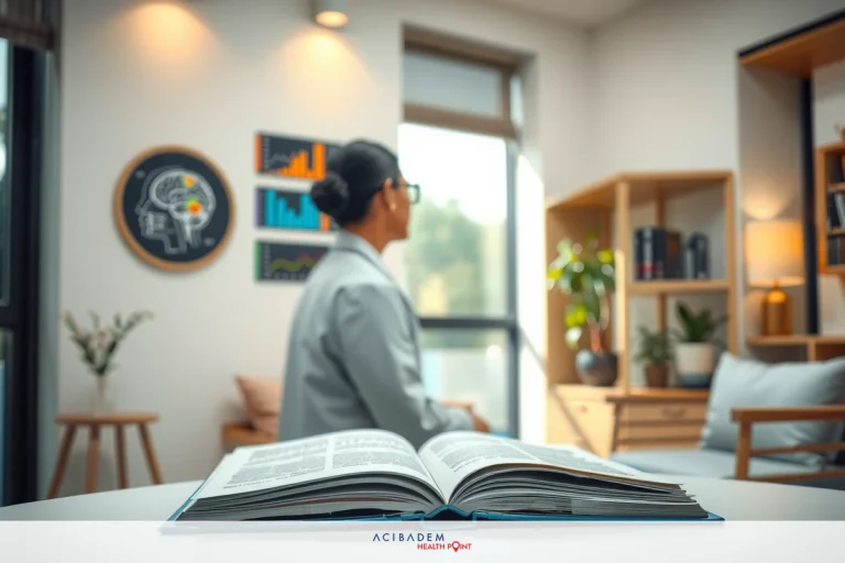Is Multiple Sclerosis Contraindicated for LASIK Eye Surgery? Image of a professional setting with a book opened on a desk. A person is seated in the background, looking towards another individual out of frame, suggesting an office or study environment.
