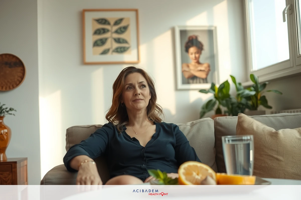 In the image, a woman is seated on a sofa in what appears to be a cozy living room. She's wearing a blue top and seems relaxed. The room has a warm ambiance with sunlight streaming through the window, illuminating the space. On the coffee table in front of her are fresh fruits including an orange or a grapefruit, along with a potted plant adding a touch of greenery to the scene.