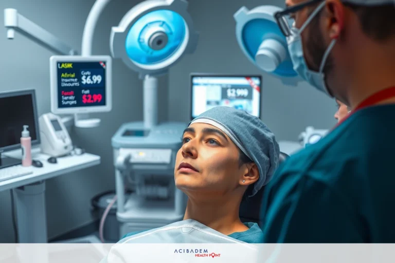 How Much Does It Cost to Have LASIK Eye Surgery The image depicts a medical setting with two healthcare professionals attending to a patient. One individual is seated and the other stands beside them. The person being attended to has head gear and appears to be in a procedure or recovery stage. The environment suggests a clean, sterile hospital room with medical equipment.