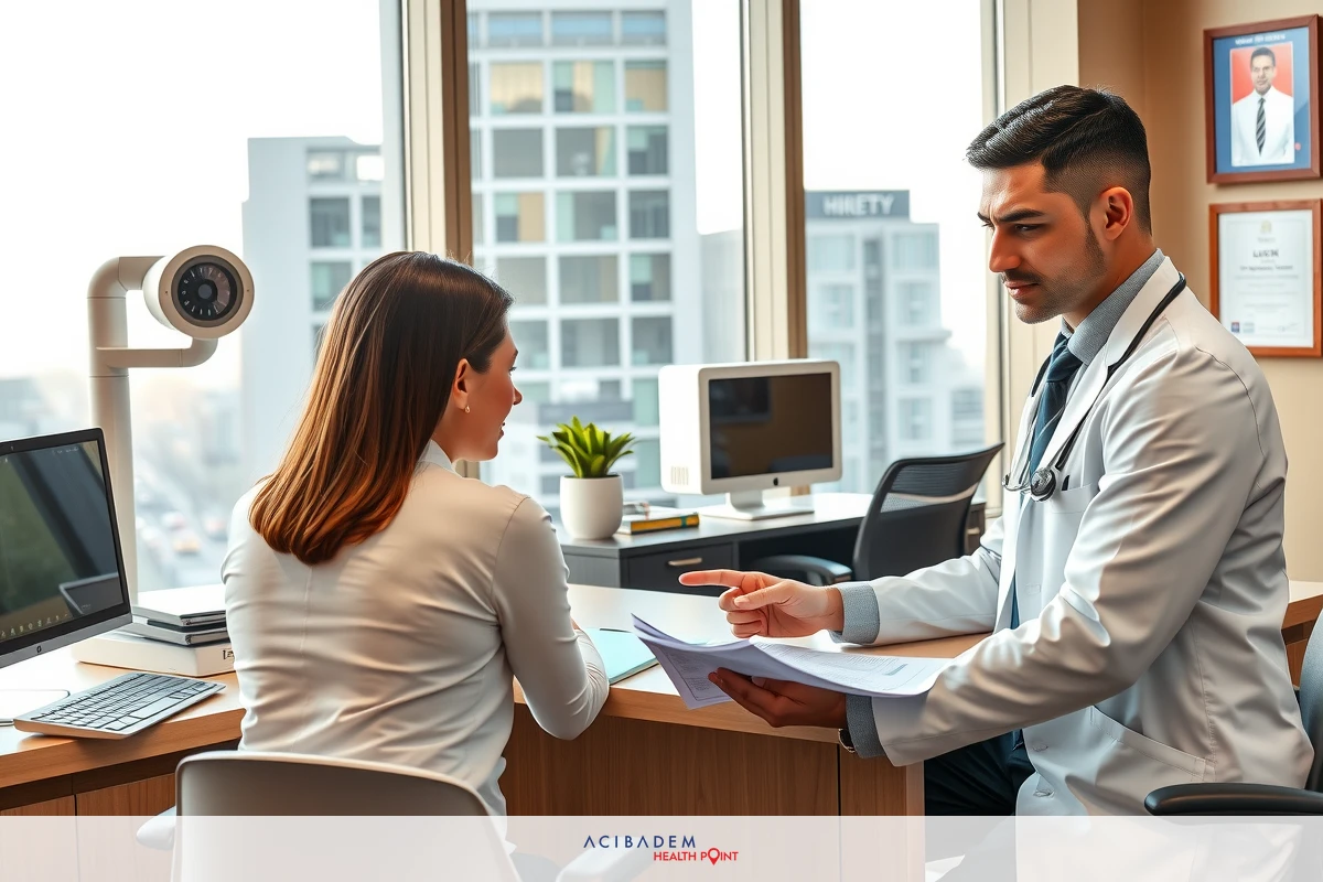 The image features a professional office setting with two individuals engaged in what appears to be a consultation. On the left, there is a seated woman who seems to be the patient receiving medical advice from the standing man on her right, who is a doctor or healthcare professional based on his attire and stethoscope. They are seated at a desk with medical documents and a computer monitor visible in front of them, suggesting a modern healthcare practice environment.