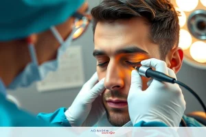 A man undergoing medical work with a doctor and assistant in professional attire standing over him, in an equipped medical setting.