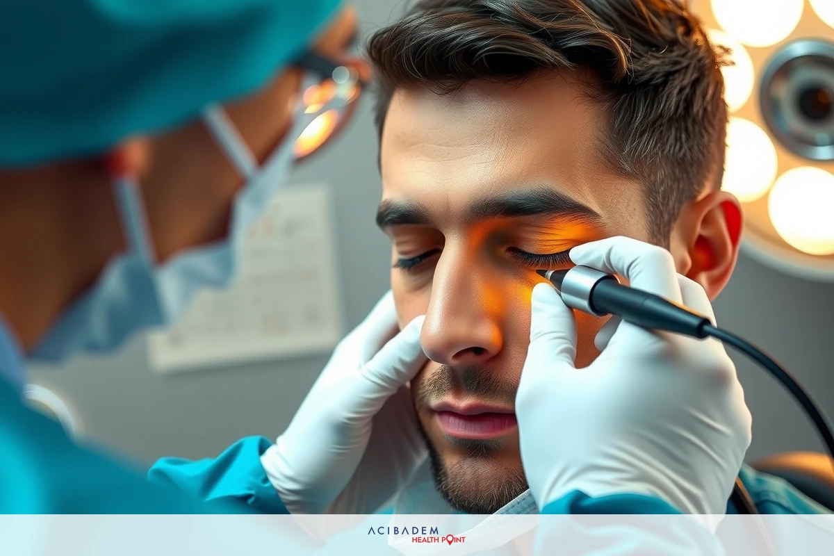 A man undergoing medical work with a doctor and assistant in professional attire standing over him, in an equipped medical setting.