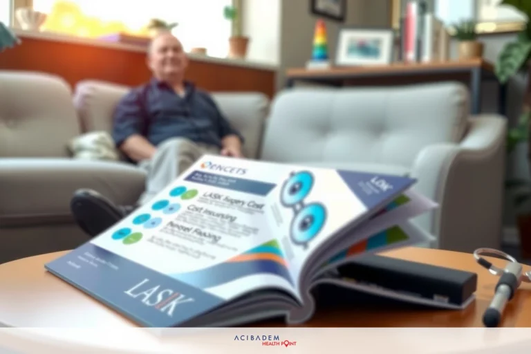 An open colorful book with a man seated on a couch in the background. The book covers various topics and is titled 'LASIK'. It appears to be a magazine or brochure for services offered by a company.