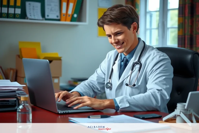 How to Get Tricare to Pay for Rhinoplasty A young, smiling doctor working on a laptop in an office setting. The doctor is dressed professionally in a white coat and is surrounded by typical office elements such as desks, chairs, books, and papers.