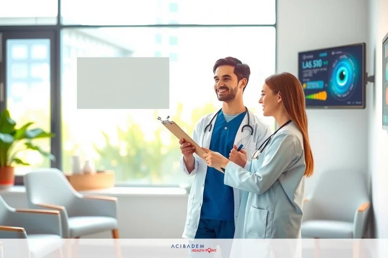 Two medical professionals, likely doctors, dressed in blue scrubs and surgical caps, are seated together at a table. They have clipboards with papers on them, suggesting they may be reviewing patient information or discussing a case. The room is clean and well-lit, with large windows letting in natural light, creating an atmosphere of professionalism and collaboration.