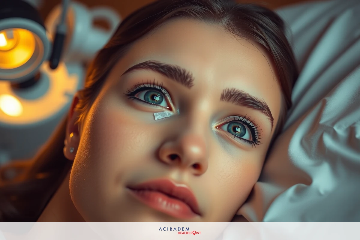 The image shows a woman lying in bed with her eyes closed, appearing relaxed or possibly sleeping. Her face is lit softly by what could be ambient lighting from the room. The woman has a neutral expression on her face and her lips are slightly parted. There's no text present in the image.