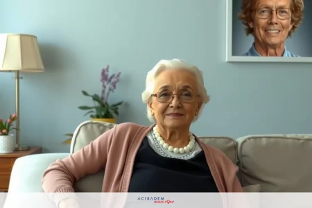 The image features an elderly woman sitting on a couch in her living room. The woman is wearing glasses and appears to be engaged in a conversation or watching something on a screen not visible in the frame. The room has light-colored walls and there's a framed picture of another person above the couch, suggesting familial or personal connection.