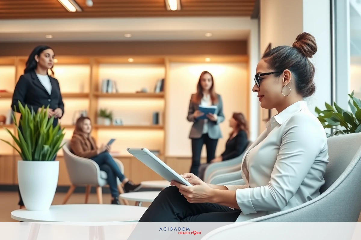 In the image, a woman is seated at a chair in an office environment. She is engaged with her tablet. Around her are other individuals who appear to be colleagues; they're also engaged in their own activities, contributing to a professional and collaborative atmosphere.