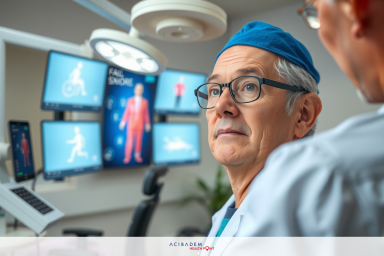 A medical professional in a sterile room, standing next to an array of screens displaying various medical images and data. The man is wearing medical attire and appears focused on the monitors.