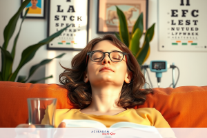 The image depicts a woman comfortably lounging on an orange couch, engrossed in reading. She is wearing glasses and has her eyes closed in concentration or enjoyment of the book.