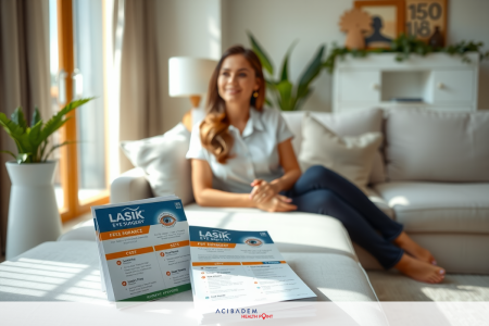 The image features a smiling woman seated on a white couch, with her feet propped up on another couch. She is holding a brochure titled 'Lasik'. The environment suggests a cozy, modern living room with natural light coming through the windows. The color palette consists of neutral tones with a hint of green from the plant in the background.