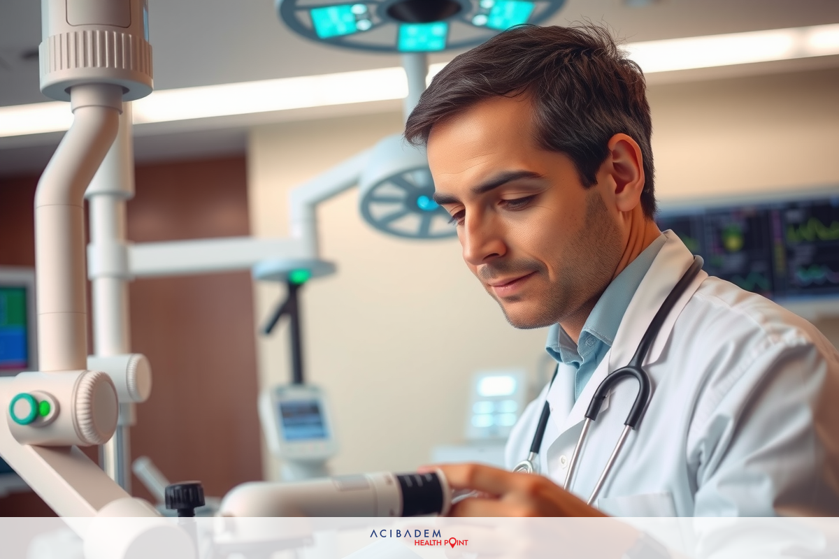 The image depicts a young man in a white lab coat and stethoscope, engaged in a medical setting. He is sitting at a desk with various pieces of medical equipment around him, indicating an examination or diagnostic environment.