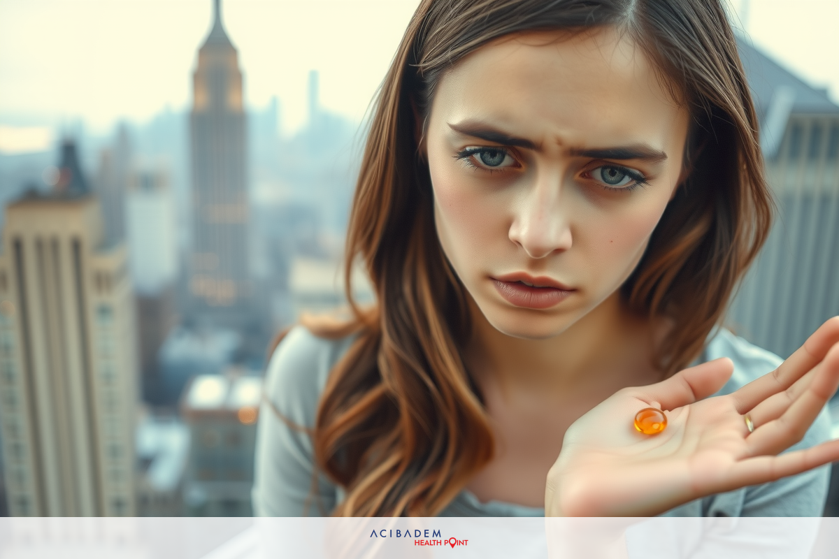This is an image of a young woman in New York City. She appears to be standing on the edge of a high building, looking out over the cityscape with a serious or contemplative expression.