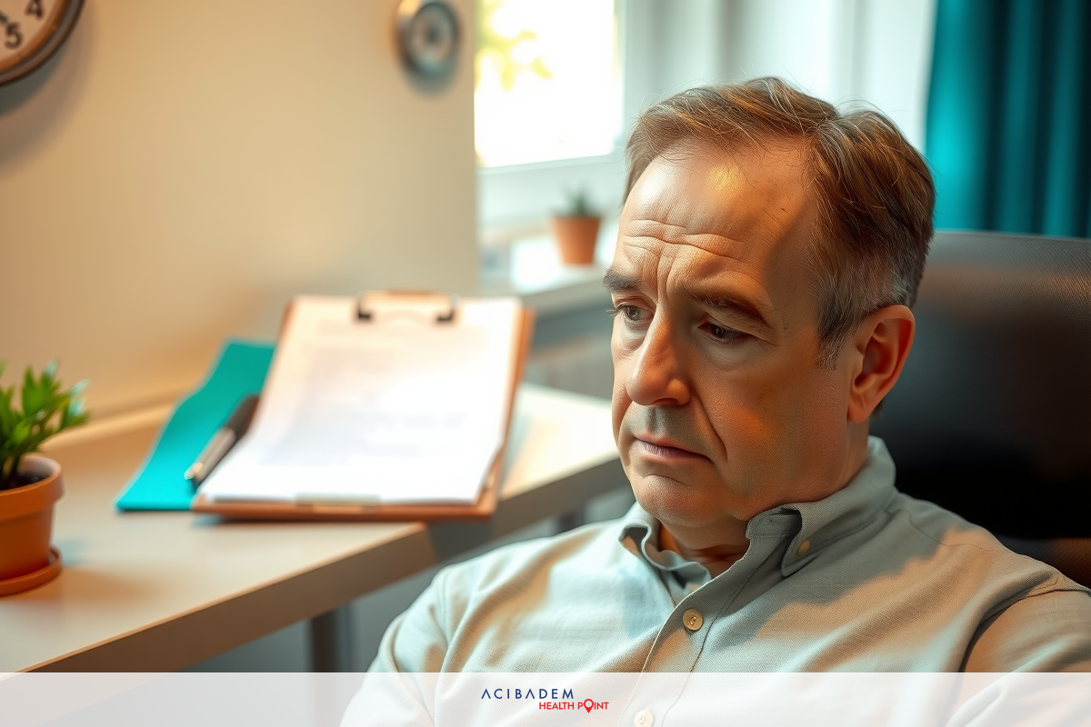 This is a photograph of a man seated at a desk in an office environment. He appears to be middle-aged and is wearing business casual attire, suggesting he may have a professional role. The office setting includes various typical office items such as papers on the desk, a plant, and a clock on the wall. There are no distinctive colors or patterns that stand out in this context; it's a standard office scene with a focus on the individual.