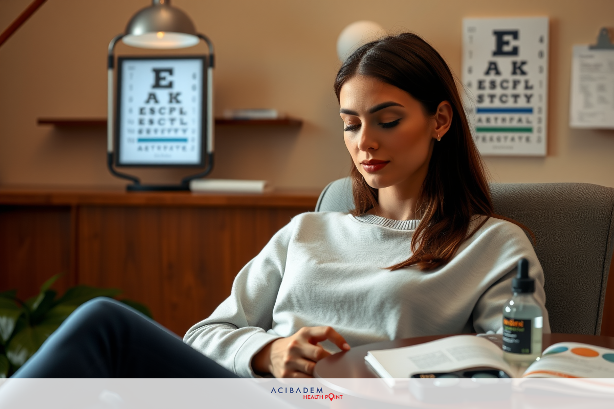 The image portrays a young woman in an indoor office setting. She is comfortably seated on a chair, wearing casual attire with a white top and dark pants.