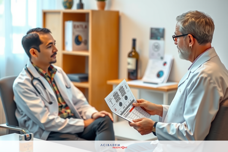 The image shows two men in a professional setting, likely an office. One man is seated and the other stands; both are dressed in business attire with visible badges or tags that suggest they might be staff at the facility. They appear to be engaged in a discussion. The environment includes bookshelves stocked with books and what seems to be medical-related items, supporting the idea of a clinical or professional office setting.