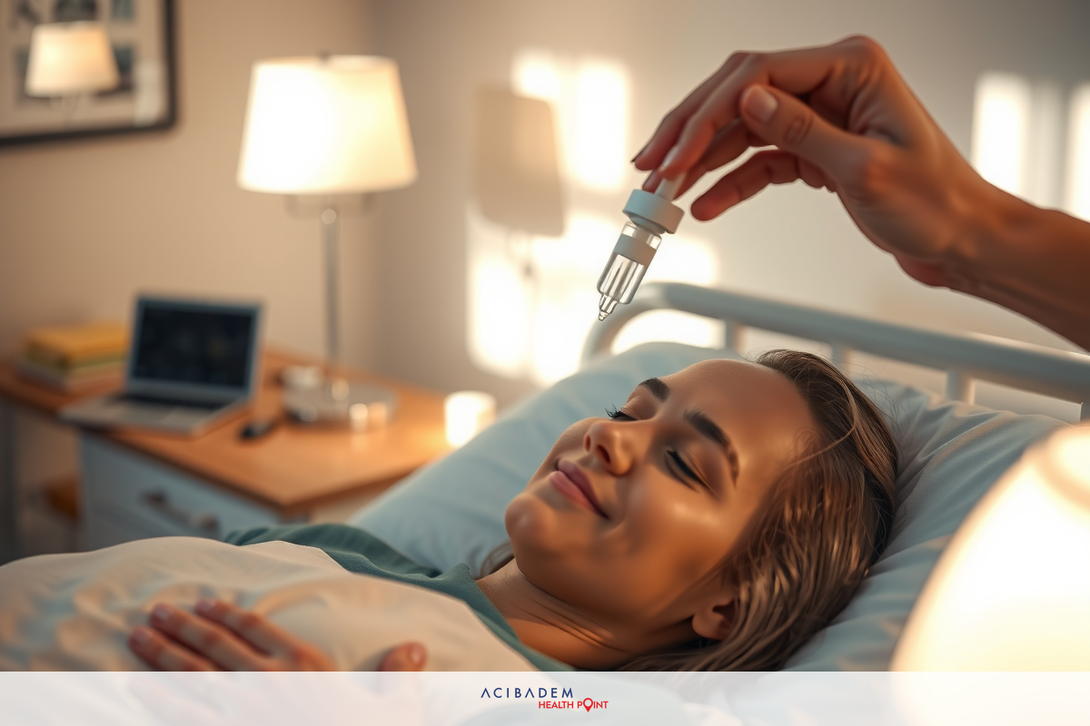 In a hospital room, a nurse is performing a health check on a patient lying in bed. The nurse holds a blood pressure cuff and stethoscope, examining the patient's vital signs.