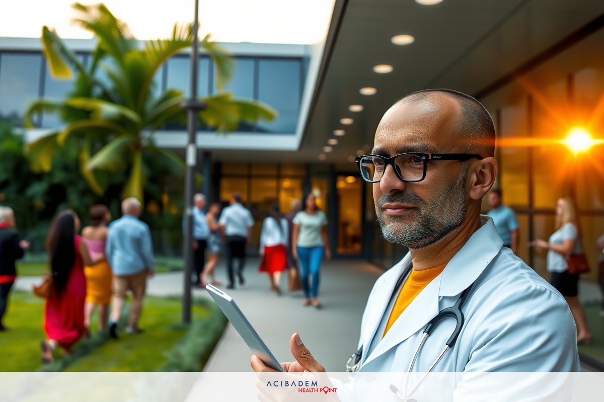A doctor in a white coat, standing outdoors and holding a tablet. He's wearing glasses and looking across. There are other people in the background.