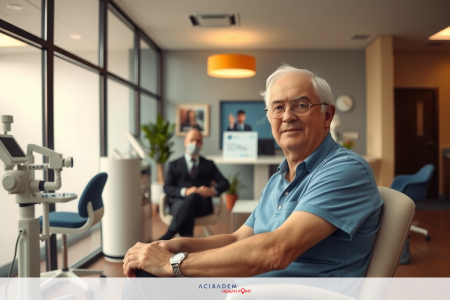 In the image, an older gentleman with white hair is seated in a modern office environment. He's wearing a light blue shirt and is smiling at the camera.
