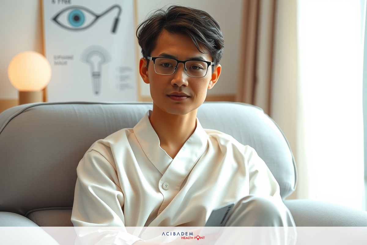 A man wearing a white robe sits on a beige couch, holding a phone in his hands. The room is well-lit and there's a poster of an eye behind him.