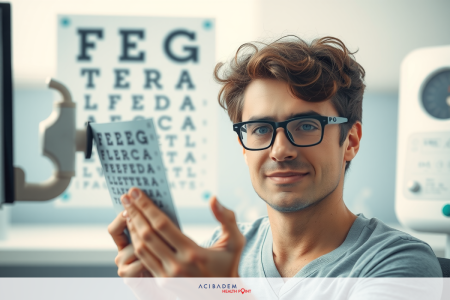 A man with glasses is seated at a desk holding papers with eye exam results. The room has medical equipment and a sign reading 'Eye Examination Room' in the background, indicating that this scene takes place in an optometrist or ophthalmologist's office.