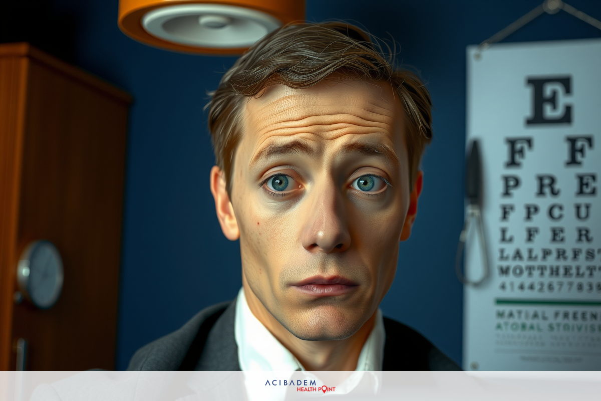 The image features a man sitting at a desk, appearing to be looking towards the camera with an intense or questioning expression. The setting looks like an office environment, and there are some medical items visible on the desk, such as what might be an ophthalmoscope, suggesting a healthcare context.