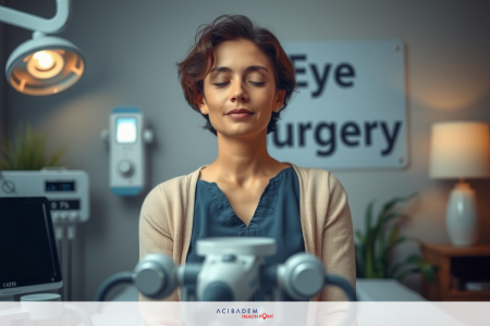 Who Eligible for LASIK Eye Surgery The image depicts a woman seated in an eye examination chair, likely at an optician's office. She appears to be waiting patiently for her eye test or examination. The environment suggests a professional healthcare setting with various medical equipment and furniture around.