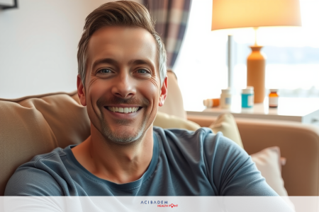 What You Should Know About LASIK Eye Surgery A smiling man with a beard sitting on a couch. The room has light-colored furniture and blue curtains.