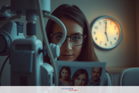 The image shows a young woman wearing glasses seated in front of an ophthalmic examination machine.