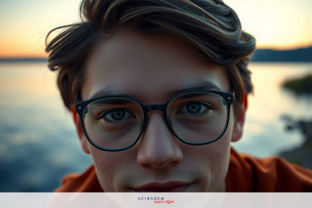 What Does LASIK Eye Surgery Fix A young man in the foreground looking at the camera with a calm expression. He has wavy brown hair and is wearing glasses, an orange shirt, and a backpack strapped to his shoulders.