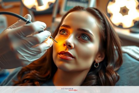 The image depicts a woman in a medical setting. She is seated and wearing a surgical mask with her eyes closed, possibly experiencing discomfort.