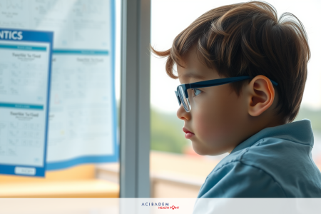 Can LASIK Help with Lazy Eye? The image shows a young boy with glasses looking intently out of a window. He is dressed in a blue shirt and appears to be focused on something outside the frame.