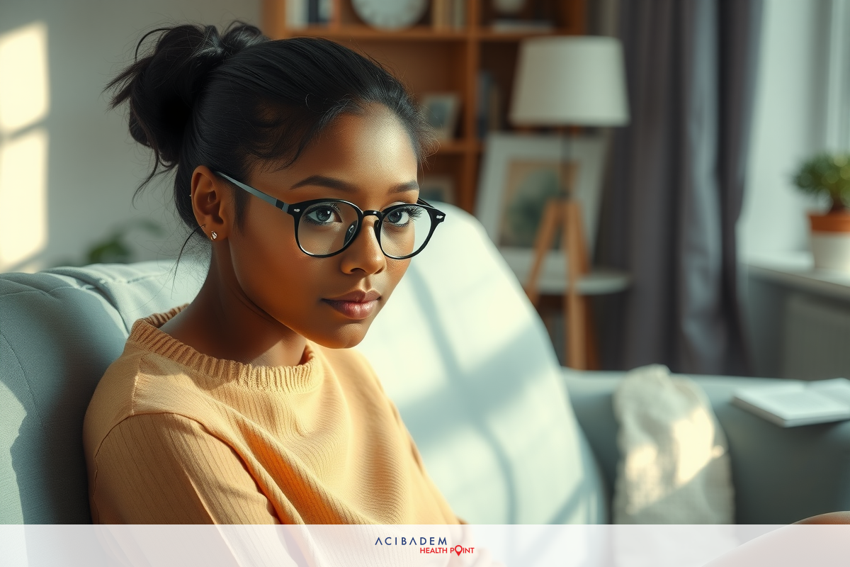 A woman sitting on a couch, wearing glasses and a beige sweater, looking to the side with a neutral expression.