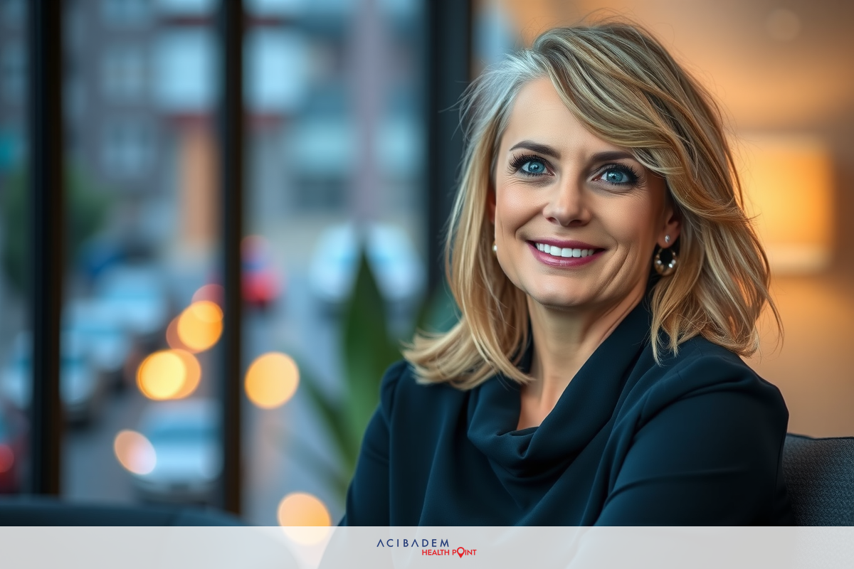A woman sitting at a desk with a cityscape window view in the background. She has short blonde hair, is wearing a dark-colored blazer and has a slight smile.