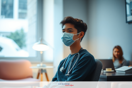The image shows a healthcare professional, likely a medical doctor or nurse, wearing a surgical mask and a blue uniform. The individual is seated in an office-like setting with modern furniture, possibly waiting for the next patient.