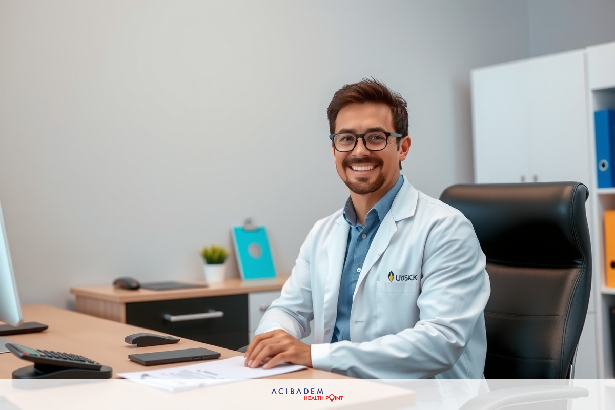 The image shows a professional setting with a person sitting at a desk. The individual is wearing glasses and a white lab coat, which suggests they may be a healthcare provider or scientist. He is smiling and looking directly at the camera, giving the impression of friendliness and approachability. In front of him on the desk is various items including papers, a computer monitor displaying what appears to be medical data, and a keyboard. The overall environment is modern and clean with neutral colors, creating an atmosphere of professionalism and focus.