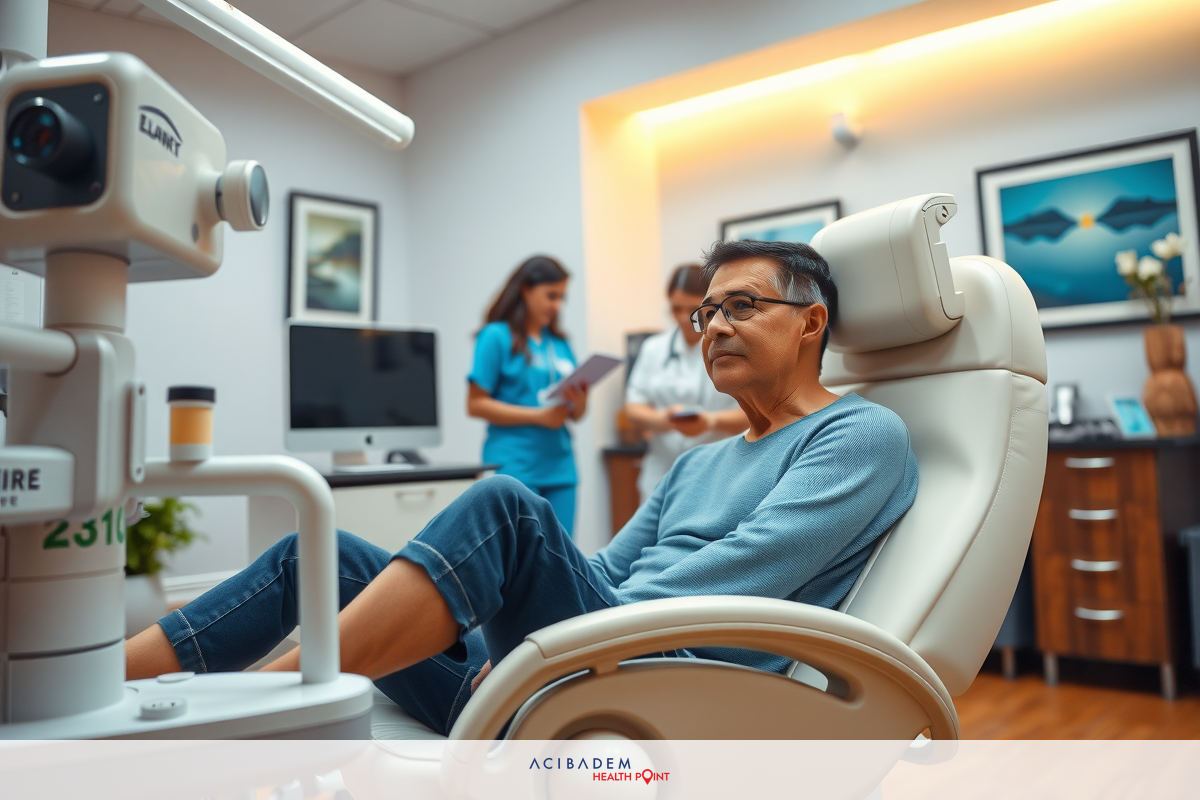 A man sits in an examination chair with medical equipment around him. There are two female doctors, one holding paper, the other looking at a device. The room has a clinical atmosphere.