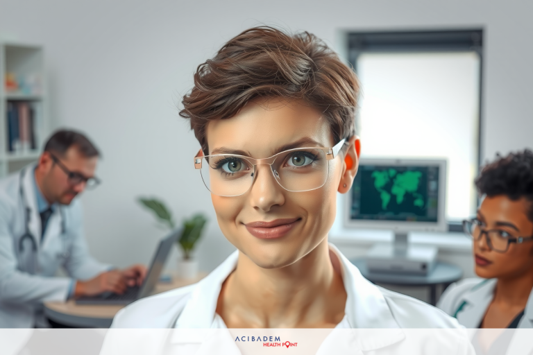 The image depicts a medical professional, presumably a doctor or nurse, wearing glasses and a lab coat. They are seated at a desk in what appears to be a modern laboratory or healthcare facility. The environment is clean, with medical equipments.
