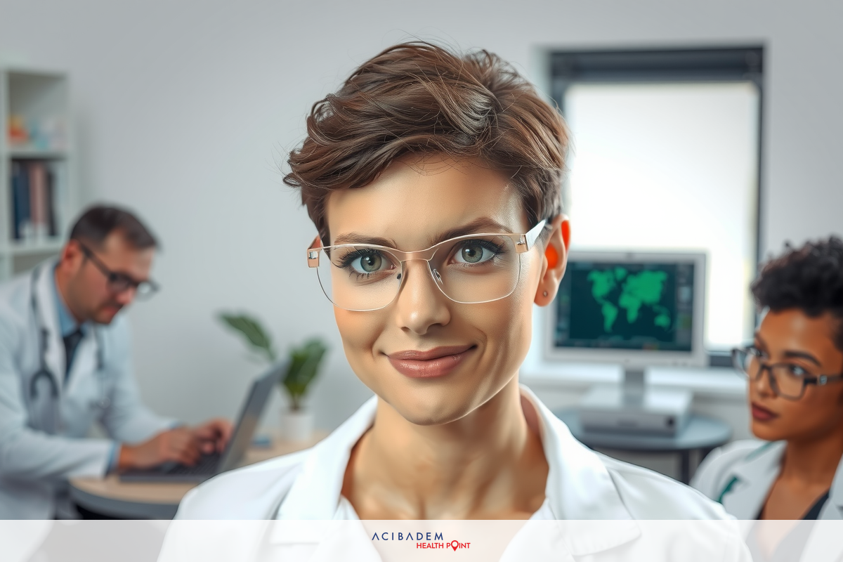 The image depicts a medical professional, presumably a doctor or nurse, wearing glasses and a lab coat. They are seated at a desk in what appears to be a modern laboratory or healthcare facility. The environment is clean, with medical equipments.