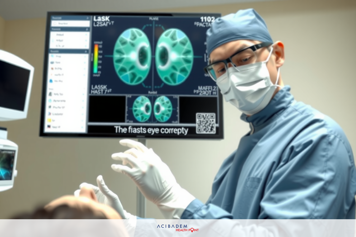 In the image, a surgeon is in an operating room environment wearing full surgical attire and face mask. The patient is in a bed with a headrest, probably for an eye exam. There are monitors in the back for the eye exam.