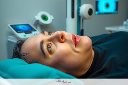 The image depicts a person lying in a medical setting, likely undergoing an examination. The individual is seen from the neck up and appears to be looking upward with their lips puckered.