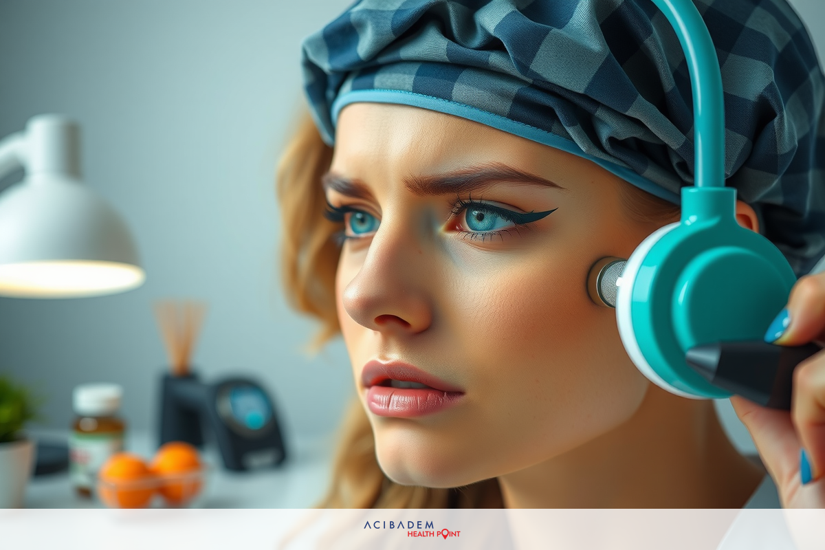 In this image, a young woman is depicted in a modern setting. The room has a clean, minimalist design with various everyday items on the countertop such as bottles and an orange.