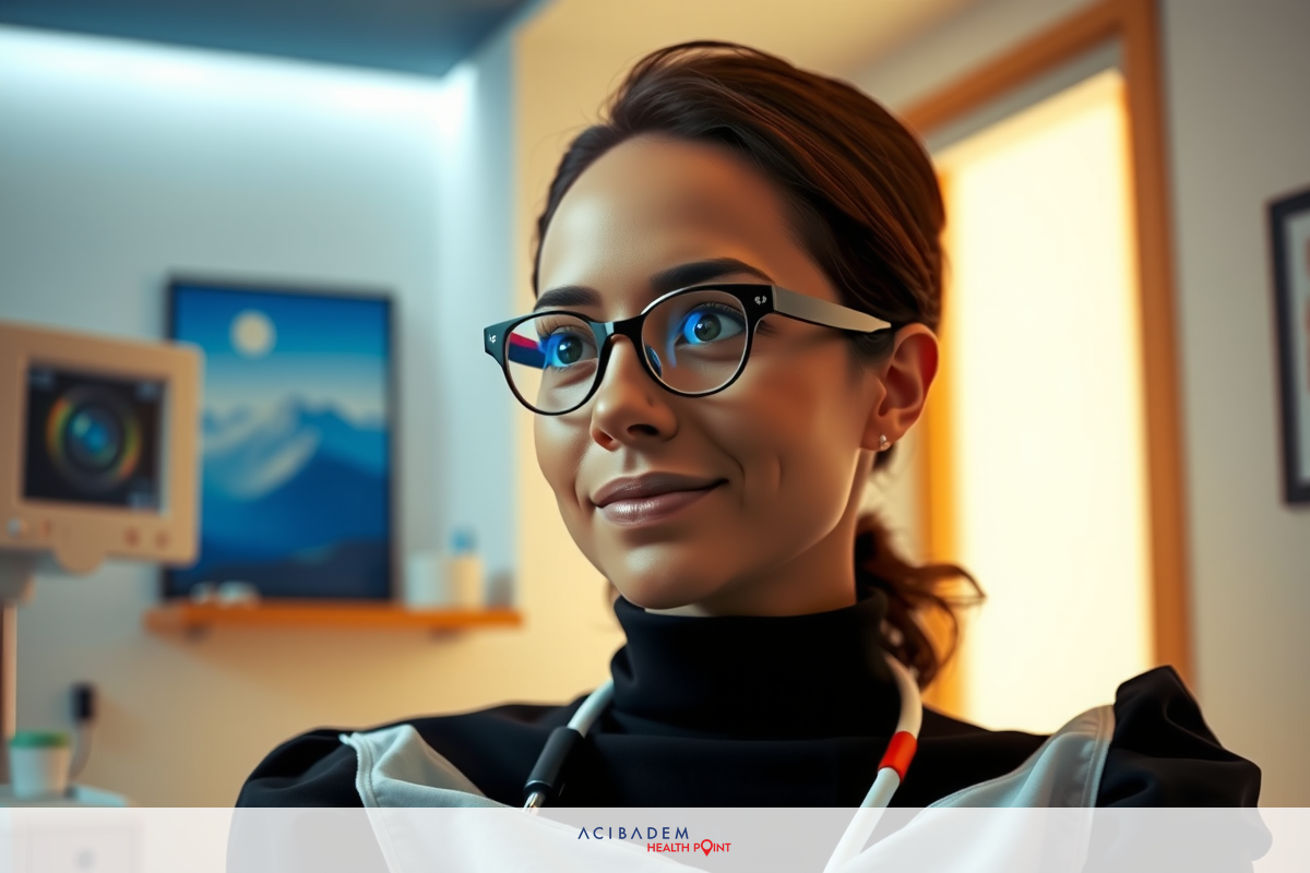 A woman wearing eyeglasses, likely a healthcare professional due to the environment and context, seated in an office with medical equipment.