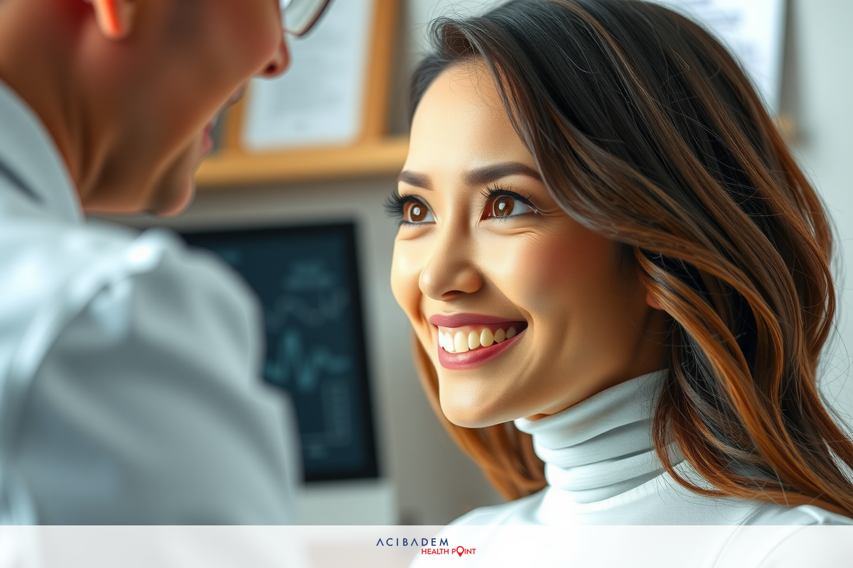 Two people in a well-lit professional office with a whiteboard and chalkboard in the background. A young woman is smiling, wearing glasses and has dark hair.