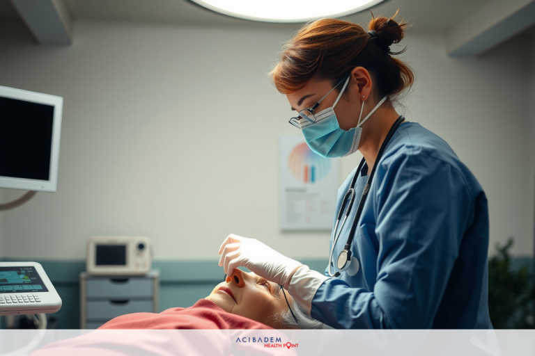 A medical professional, possibly a surgeon, is wearing PPE and working on a patient's eye during a medical procedure in an operating room. The scene is well lit and the focus is sharp.