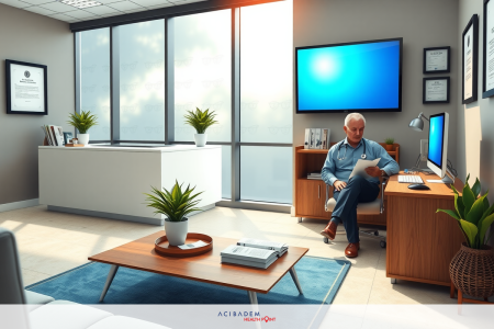 The image shows a modern, clean office environment. There is a person sitting at a table nearby with a laptop and papers in hand. The room has large windows allowing natural light to flood in, and the decor includes plants adding a touch of greenery. The overall ambiance suggests a professional yet comfortable workspace.