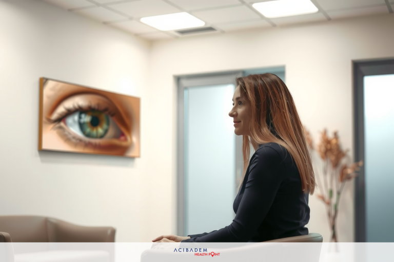 A woman is seated in an office, looking to her left, with a painting of an eye on the wall. The room has a modern, professional ambiance.