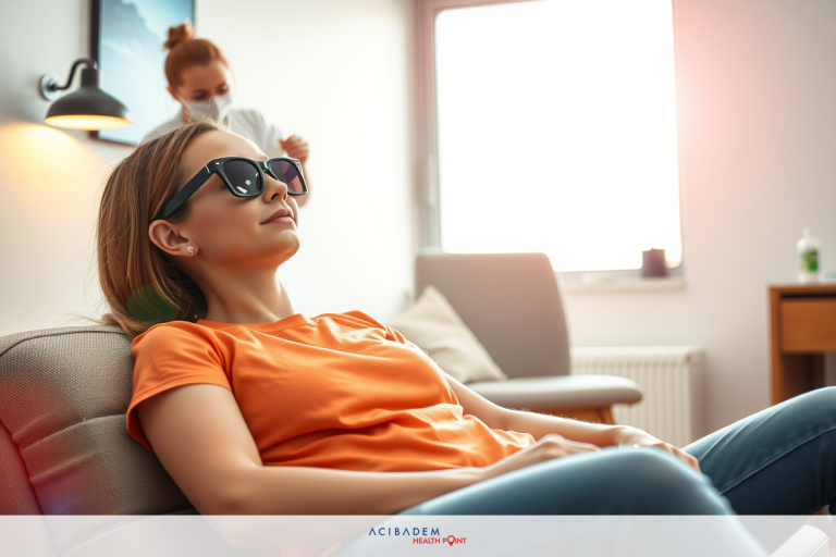 The image shows a woman relaxing in an indoor setting. She is wearing sunglasses and has her feet up on a couch, suggesting she might be watching television or just resting. The room appears to be well-lit with natural light coming from the windows. The woman's casual posture and relaxed expression convey a sense of comfort and leisure.