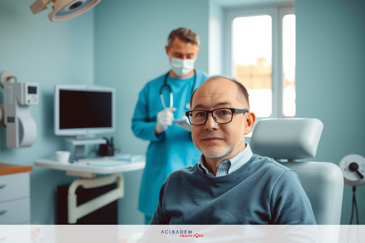The image shows an eye doctor's office setting. In the foreground, a man is sitting in a chair that appears to be designed for eye exams or procedures. He is wearing glasses and appears to be receiving eye care from a doctor standing behind him who is wearing protective eyewear.
