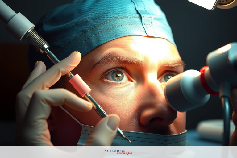 The image depicts a medical professional, possibly a surgeon, examining a patient's eye during a procedure. The surgeon is wearing sterile attire and is holding a surgical instrument in their hand, indicating the context of a clinical setting.